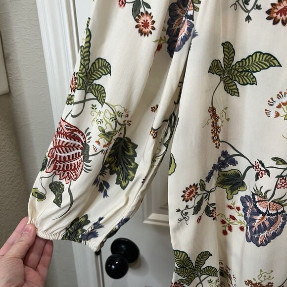 Loft Cream Blue Red Floral Half Button Long Sleeve Boho Top Womens Size L NEW - Picture 4 of 10